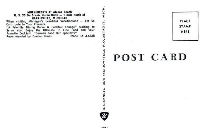 Alcona Brew Haus (Muehlbecks Bavarian Village) - Old Postcard Back (newer photo)